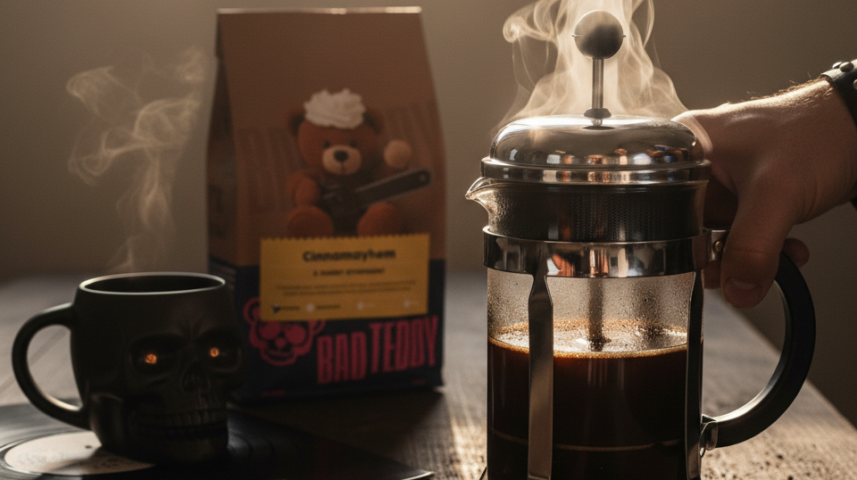 bad teddy french press coffee brewing